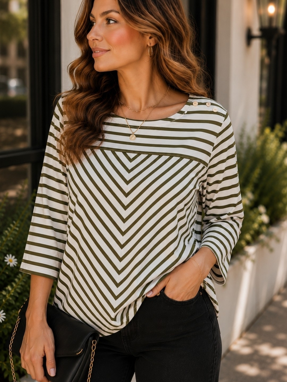 Croft & Barrow XXL  Black White Striped Chevron Top Classic Minimal Staple